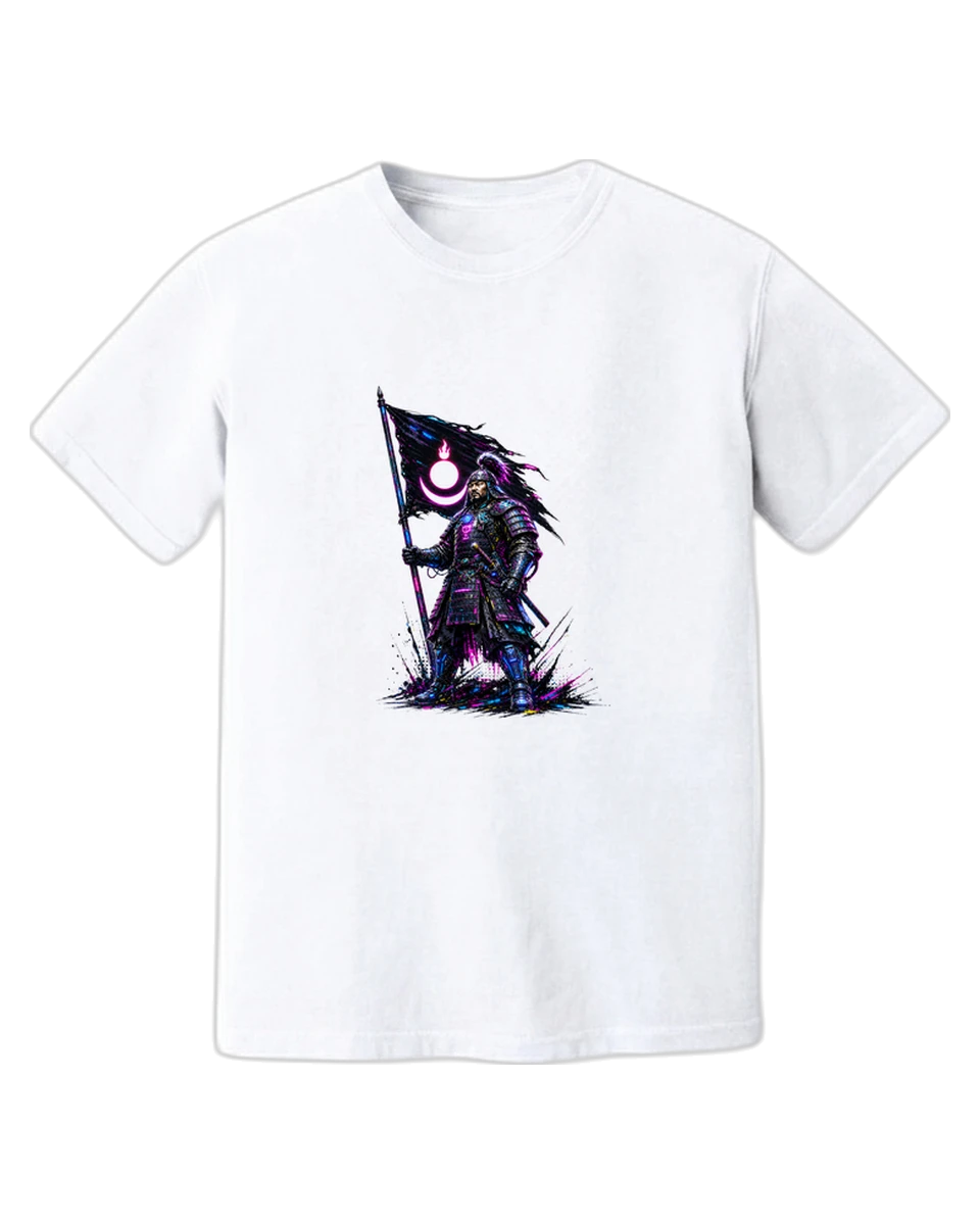 Warrior — a Mongol warrior holding the tug banner, printed on a white tee
